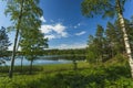 Beautiful view of lake landscape surrounded with green forest trees and plants. Blue sky reflecting in mirror water surface.