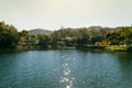 Beautiful view of the lake, with lots of vegetation around, buildings and blue sky with clouds.