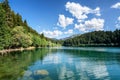 Beautiful view of a lake with pluffy cloudy sky and mountain background. Travel Tourism concept.