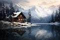 Beautiful view of lake with snow covered and wooden house in rocky mountains and pine forest on winter Royalty Free Stock Photo