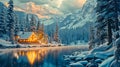 Beautiful view of lake with snow covered and wooden lodge, rocky mountains and pine forest on winter Royalty Free Stock Photo