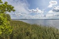 Beautiful view on lake on summer day. Green tall grass and blue sky with snow white clouds. Amazing nature landscape background. Royalty Free Stock Photo