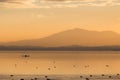 Beautiful view of a lake at sunset, with orange tones, birds on water and a man on a canoe Royalty Free Stock Photo