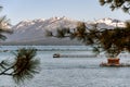Serene view of Lake Tahoe and the snow capped Sierra Nevada mountains. Royalty Free Stock Photo