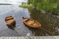 Beautiful View Of Lake With Two Boats Parked In Shore On Water Background.