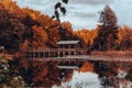 Beautiful view of a lakehouse and a lake with reflection of trees in North Augusta, South Carolina Royalty Free Stock Photo