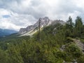 Beautiful view on landscape of Dolomites moutains and a gree forest in front. South Tyrol, Italy, Alp. Captured on