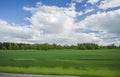 Beautiful view of landscape with green fields, green forest trees and blue sky with white clouds. Royalty Free Stock Photo