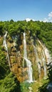 Beautiful view of the large waterfall, Plitvice Lakes in Croatia, National Park, sunny day with blue sky Royalty Free Stock Photo