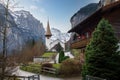 Beautiful view of Lauterbrunnen Church with alps mountains on background - Lauterbrunnen, Switzerland