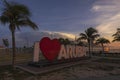 Beautiful view of letters I love Aruba in center of Oranjestad, capital of Aruba on sunset.