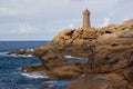 Beautiful view on lighthouse in Cote de Granit Rose in Bretagne, France