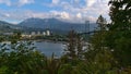 Beautiful view of Lions Gate Bridge, spanning Burrard Inlet, viewed from Prospect Point in Stanley Park, Vancouver, Canada.