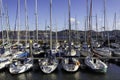 Beautiful view of the Lisbon yacht club at belem district near the Belem tower along the Tagus riverside. Small fishing boat and Royalty Free Stock Photo