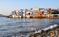 Beautiful view of the Little Venice and port on Mykonos island in Greece. Relaxing and romantic. Royalty Free Stock Photo