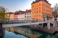 Beautiful view of Ljubljana Fishmarket footbridge and old city center, Ljubljana, Slovenia Royalty Free Stock Photo