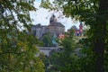 Beautiful view of Loket Castle with colorful buildings by summer sunny day. Bohemia, Sokolov, Karlovarsky Region, Czech Republic