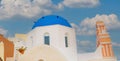 Beautiful view  look out  with blue sky scene background  and blue dome church  at Oia village, Santorini,Greec Royalty Free Stock Photo