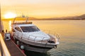 Beautiful view of luxury motoryacht at sunset