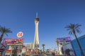 Beautiful view of main tower of The Strat hotel on blue sky background. Las Vegas, Nevada,