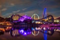 Beautiful view of Mako and Kraken rollercoaster at night in Seaworld