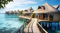 Beautiful view at Maldivas water villas with wooden walkway above the ocean water, connecting bungalows to island