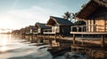 Beautiful view at Maldivas water villas with wooden walkway above the ocean water, connecting bungalows to island