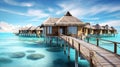 Beautiful view at Maldivas water villas with wooden walkway above the ocean water, connecting bungalows to island