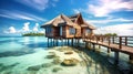 Beautiful view at Maldivas water villas with wooden walkway above the ocean water, connecting bungalows to island