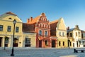 Beautiful view of the market square of Kedainiai, one of the oldest cities in Lithuania. Unique colorful Stikliu houses in golden