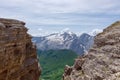 Beautiful view of Marmolada glasier and Pass Pordoi valley from Piz Boe mountain peak.