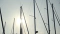 Beautiful view of masts of ships on background of sun and blue sky. Action. Masts of yachts are illuminated by warm Royalty Free Stock Photo