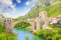 Beautiful view of the medieval town of Mostar from the Old Bridge in Bosnia and Herzegovina