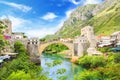 Beautiful view of the medieval town of Mostar from the Old Bridge in Bosnia and Herzegovina