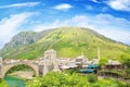 Beautiful view of the medieval town of Mostar from the Old Bridge in Bosnia and Herzegovina