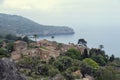 Beautiful view of mediterranean coastline in Llucalcari in Majorca island with stone houses Royalty Free Stock Photo