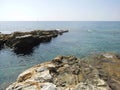 Beautiful view of the Mediterranean Sea and the coast near the Eparchiaki Odos Pilonas-Katavias road. Rhodes Island, Greece Royalty Free Stock Photo