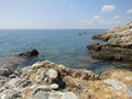 Beautiful view of the Mediterranean Sea and the coast near the Eparchiaki Odos Pilonas-Katavias road. Rhodes Island, Greece
