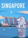 Beautiful view Merlion and Singapore city skyline ilustration travel poster Royalty Free Stock Photo