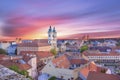 Beautiful view of the Minorit church and the panorama of the city of Eger, Hungary, at sunset