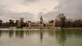 Beautiful view of the monument of Alfonso XII in the Retiro Park on a cloudy winter day in Madrid. Travel concept Royalty Free Stock Photo