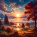 Beautiful view of a morning sun, with lake, plants, tree, painting, acrylic art, panorama, river Royalty Free Stock Photo