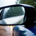 Beautiful view of morning sunlight reflection in sideview mirror of car on country road. Transportation Royalty Free Stock Photo