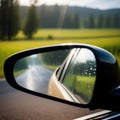 Beautiful view of morning sunlight reflection in sideview mirror of car on country road. Transportation Royalty Free Stock Photo