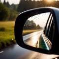 Beautiful view of morning sunlight reflection in sideview mirror of car on country road. Transportation Royalty Free Stock Photo