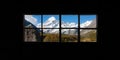 Beautiful view of Mount Cook National Park, South Island, New Zealand when see though window Royalty Free Stock Photo