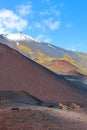 Beautiful view of Mount Etna surrounded by damaged volcanic landscape. Captured on a vertical picture from Silvestri craters. Royalty Free Stock Photo