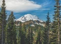 Beautiful view of Mount Rainier with surrounding trees under a blue sky with wispy clouds. Royalty Free Stock Photo