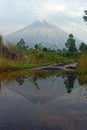 Beautiful view of Mount Semeru with reflection on a puddle.