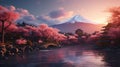 Beautiful view of mountain Fuji and Chureito pagoda at sunset, japan in the spring with cherry blossoms